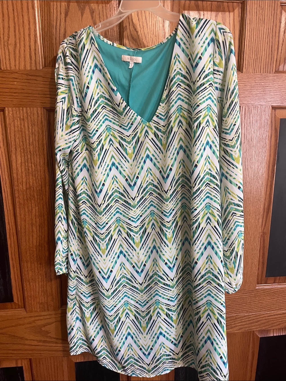 Halo Blue and Green Chevron V-Neck Womenโs Tunic Dress - completely lined.